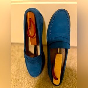 Cole Haan Peacock blue suede penny loafers.